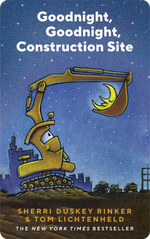 Cover of Yoto Card: Goodnight, Goodnight, Construction Site by Yoto features a strong truck with a crescent moon in its scoop against a starry night sky, preparing for sleep.