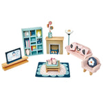 The Tender Leaf Dovetail Sitting Room Furniture Set by Tender Leaf Toys is a delightful miniature sitting room scaled to 1:12. It offers a cozy fireplace, bookshelves, a TV on a stand, and comfortable seating, making it perfect for wooden dollhouses. The set also includes a patterned rug that beautifully ties the space together.