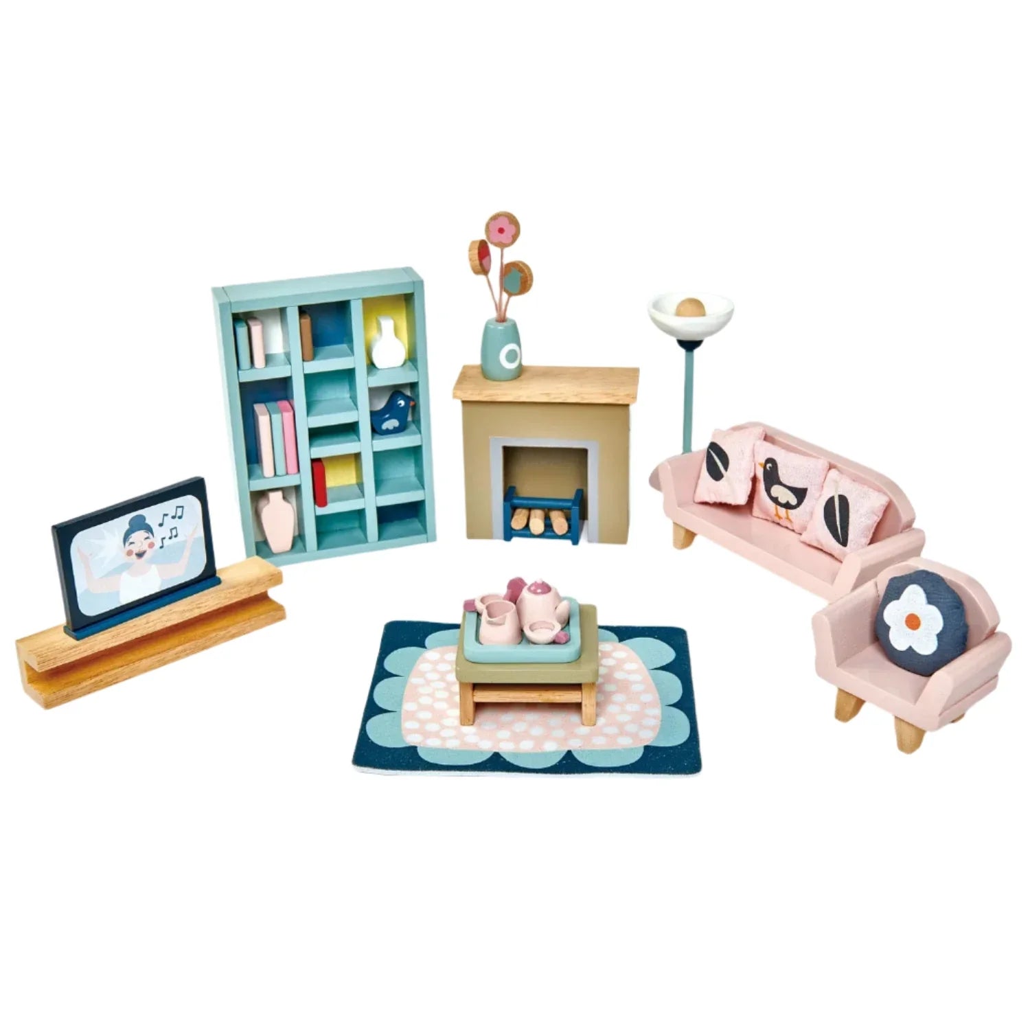 The Tender Leaf Dovetail Sitting Room Furniture Set by Tender Leaf Toys is a delightful miniature sitting room scaled to 1:12. It offers a cozy fireplace, bookshelves, a TV on a stand, and comfortable seating, making it perfect for wooden dollhouses. The set also includes a patterned rug that beautifully ties the space together.