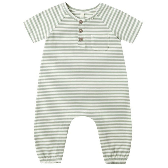 The Quincy Mae Baby Short Sleeve Jumpsuit features light green and white stripes, a chest pocket, three coconut buttons, and elasticized ankles for easy changes.