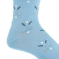 A sky blue Dapper Classics sock with steel golf club and ball motifs, made from cotton, featuring a linked toe and mid-calf length.