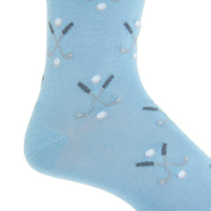 A sky blue Dapper Classics sock with steel golf club and ball motifs, made from cotton, featuring a linked toe and mid-calf length.