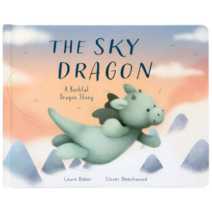 Cover of the children's book "Jellycat The Sky Dragon Book" by Laura Baker and Clover Beechwood, featuring an illustration of a small, green dragon flying over mountains, celebrating themes of friendship and courage.