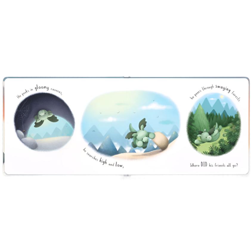 An open copy of the "Jellycat The Sky Dragon Book" by Jellycat, features illustrations of a green creature in three scenes: a dark corner, on a cliff, and in a forest. The text asks, "Where DID his friends all go?" This enchanting tale fosters themes of friendship and courage as The Sky Dragon embarks on an adventurous quest.