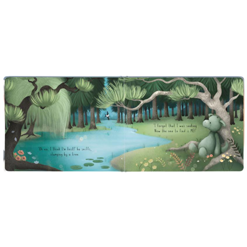 In the delightful Jellycat children’s book titled "The Sky Dragon," an illustrated dragon sits under a tree near a pond in a forest. The text reads, "Oh, no. I think I'm lost!" he sniffs, slumping by a tree. "I forgot what I was seeking. Now the one to find is ME!" In this enchanting story about friendship and courage by Jellycat, our hero must discover his own path.