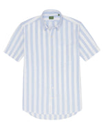 A Sid Mashburn Short-Sleeved Button-Down Sport Shirt with white and light blue vertical cabana stripes, featuring a nonfused button-down collar and a chest pocket, exuding a relaxed Beach Boys vibe.