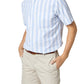 A person wearing a light blue and white Sid Mashburn Short-Sleeved Button-Down Sport Shirt with a nonfused button-down collar, paired with beige shorts, hands in pockets, exuding that classic beach boys vibe.