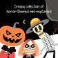 Illustration featuring a pumpkin-headed figure, a skeleton in a hat and striped shirt, and a ghoul with red hair. Text reads, "Sleuth & Solve: Spooky by Chronicle Books - A creepy collection of horror-themed mini-mysteries!