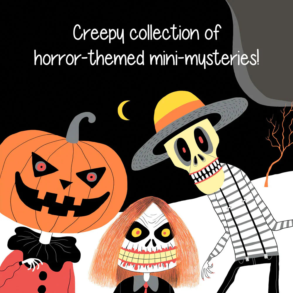 Illustration featuring a pumpkin-headed figure, a skeleton in a hat and striped shirt, and a ghoul with red hair. Text reads, "Sleuth & Solve: Spooky by Chronicle Books - A creepy collection of horror-themed mini-mysteries!