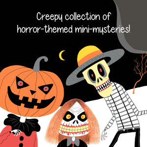 Illustration featuring a pumpkin-headed figure, a skeleton in a hat and striped shirt, and a ghoul with red hair. Text reads, "Sleuth & Solve: Spooky by Chronicle Books - A creepy collection of horror-themed mini-mysteries!