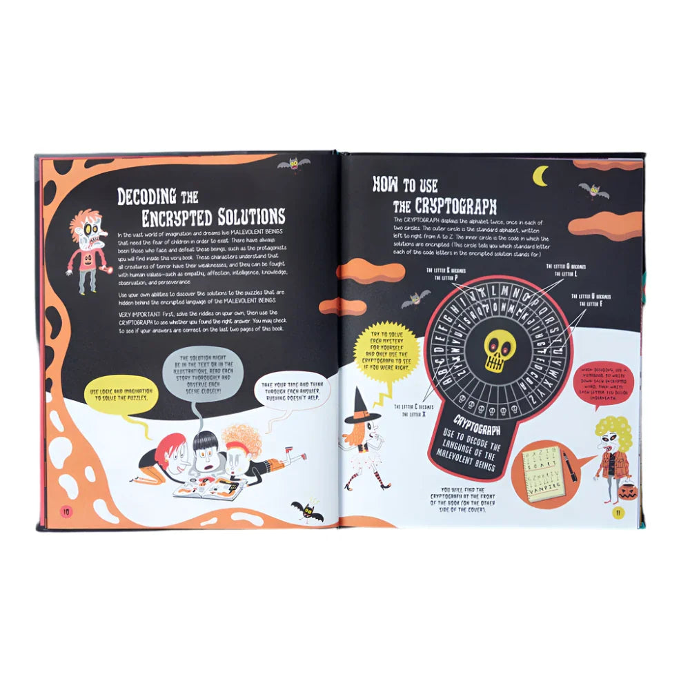 An open book from Chronicle Books displays a colorful, illustrated guide on decoding encrypted solutions and using a cryptograph, featuring various characters, speech bubbles, and a coding wheel. The pages are filled with puzzles from Sleuth & Solve: Spooky that add an eerie twist to your sleuthing skills.