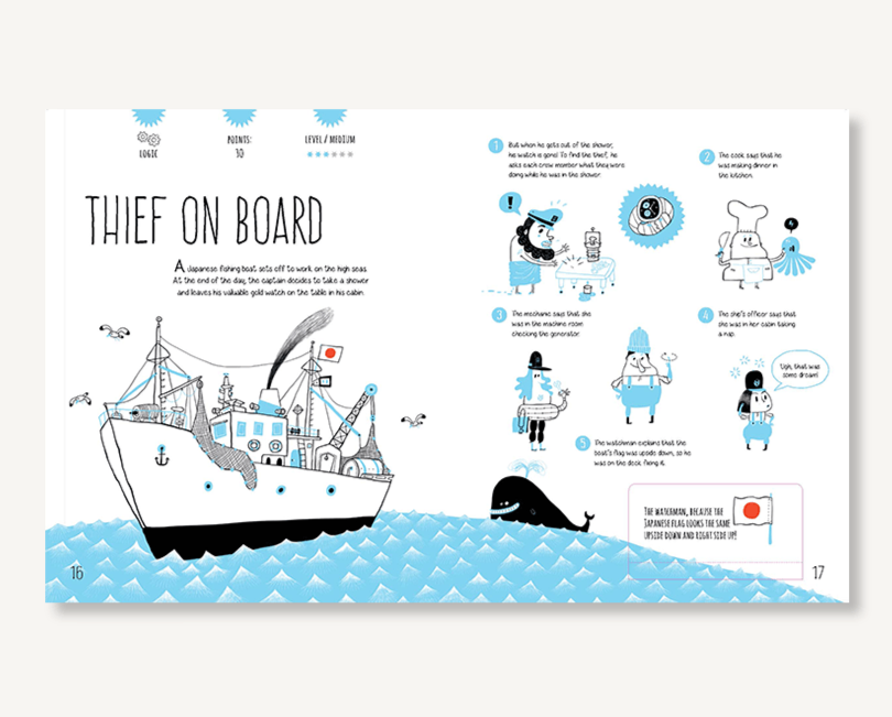 An illustrated open Sleuth & Solve: 20+ Mind-Twisting Mysteries page showing a comedic "thief on board" theme with various characters and scenes related to a humorous depiction of a thief on a ship, designed for puzzle lovers with elements that challenge. Created by Chronicle Books.