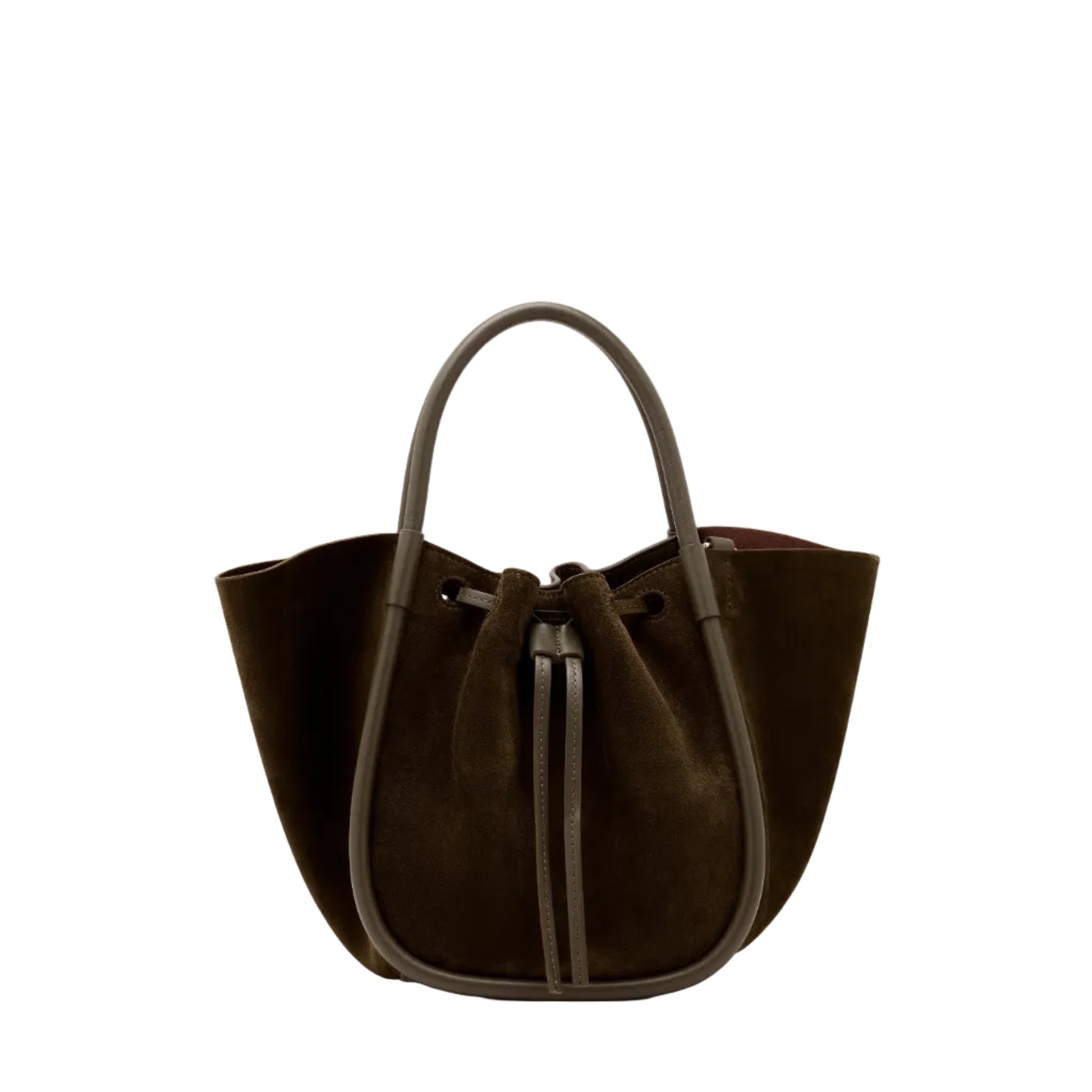 The Small Ruched Soft Suede Tote by Proenza Schouler, showcased in dark brown with a sculptural silhouette, features round handles and a drawstring closure and is photographed against a plain white background.