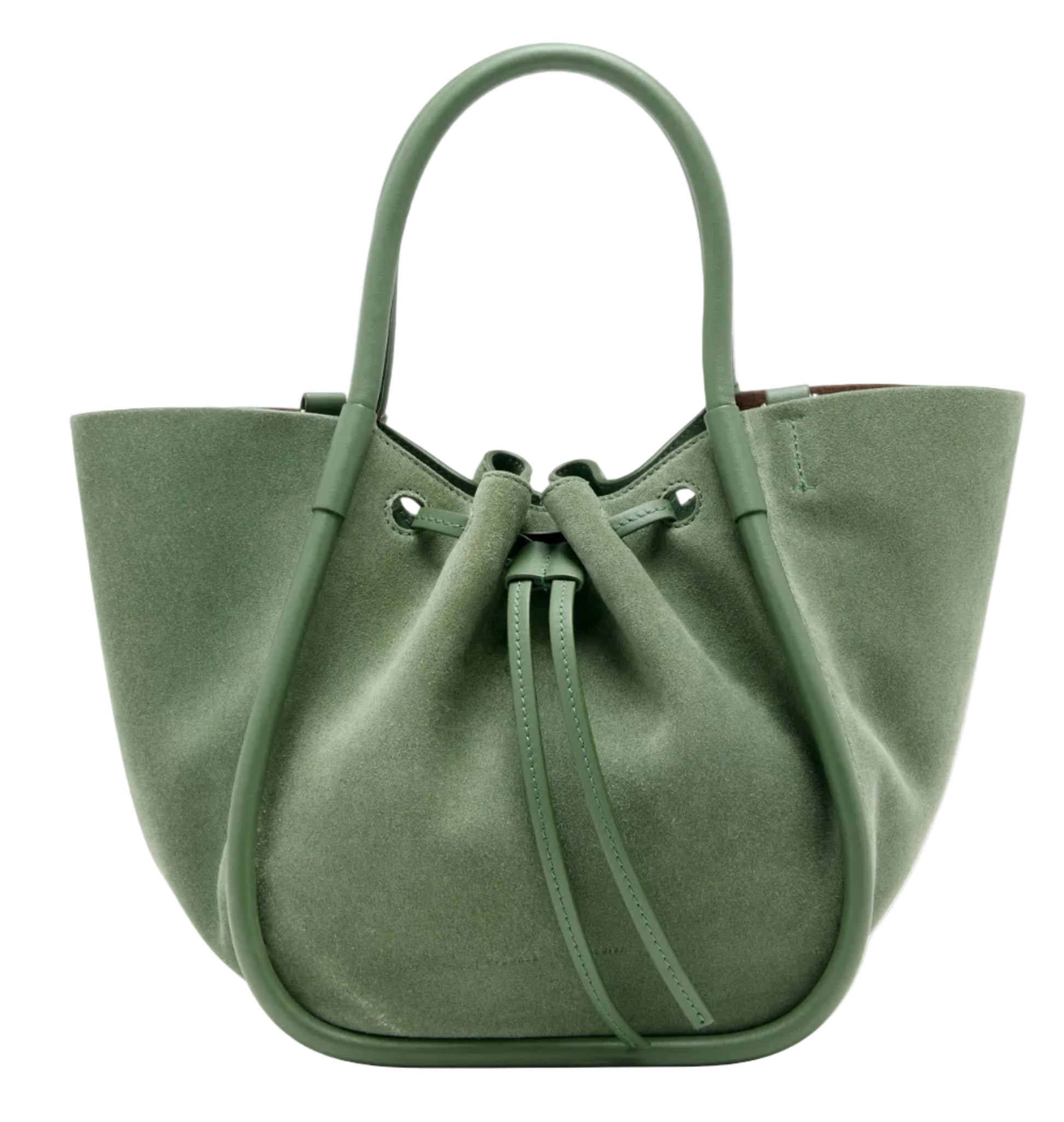 The Small Ruched Soft Suede Tote by Proenza Schouler features a green suede exterior, structured frame, dual handles, and a drawstring top closure—fusing modern style with timeless elegance in a sculptural design.