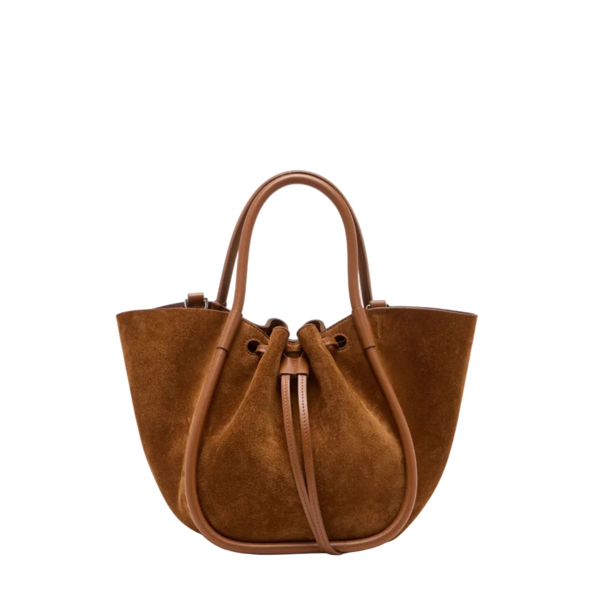 The Proenza Schouler Small Ruched Soft Suede Tote, crafted in brown suede with leather handles and a drawstring closure, showcases a sculptural silhouette reminiscent of a small ruched tote and is displayed against a white background.