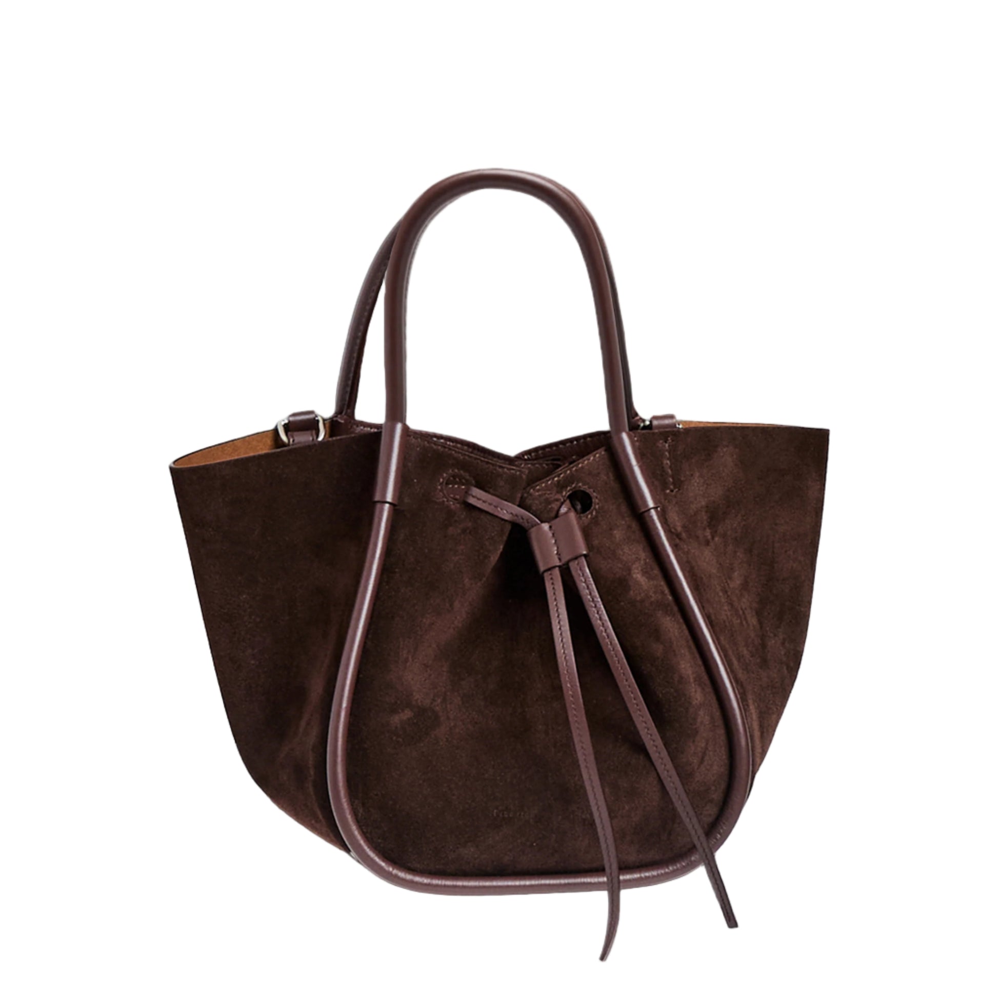 The Proenza Schouler Small Ruched Soft Suede Tote features a sculptural silhouette, two handles, and a drawstring closure. Photographed against a white background.