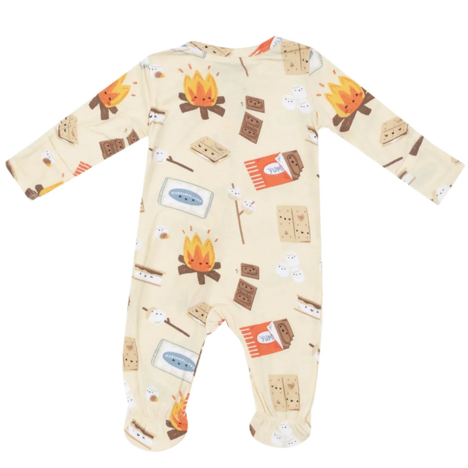 The Angel Dear Smores 2-Way Zip Footie showcases charming prints of s'mores and campfires against a beige backdrop, made from luxurious bamboo fiber fabric for maximum comfort.