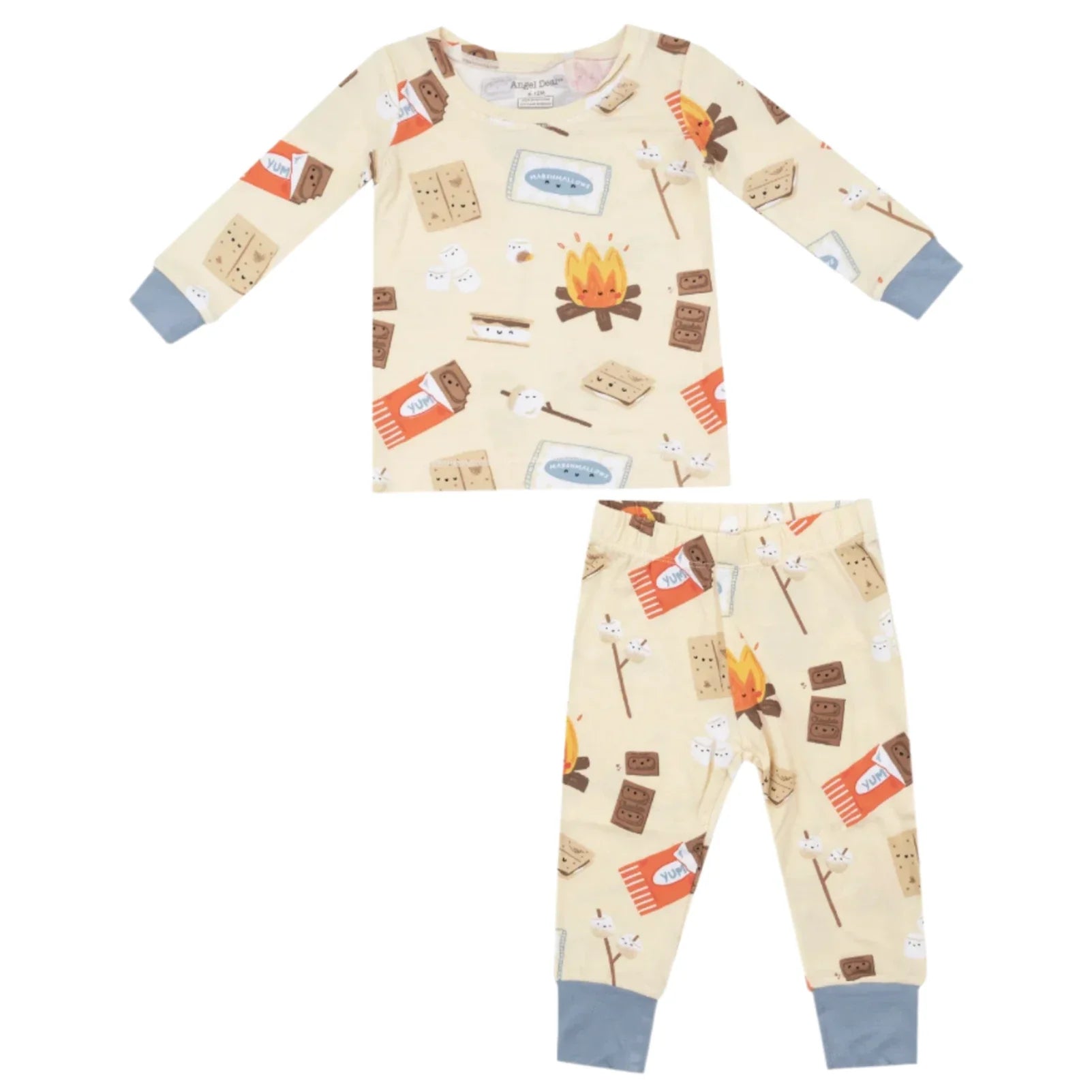 The Angel Dear Smores L/S Loungewear Set by Angel Dear is designed with a charming campfire and s'mores pattern, offering comfort with its long-sleeve top and pants. This sleep set is perfect for ensuring your little ones enjoy cozy moments.