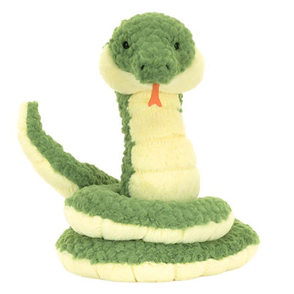 Celebrate the festival season with the adorable Jellycat Cizi Snake, a plush toy from Jellycat. It showcases a coiled body in vibrant green with a yellow underside and has a playful orange tongue sticking out for extra charm.