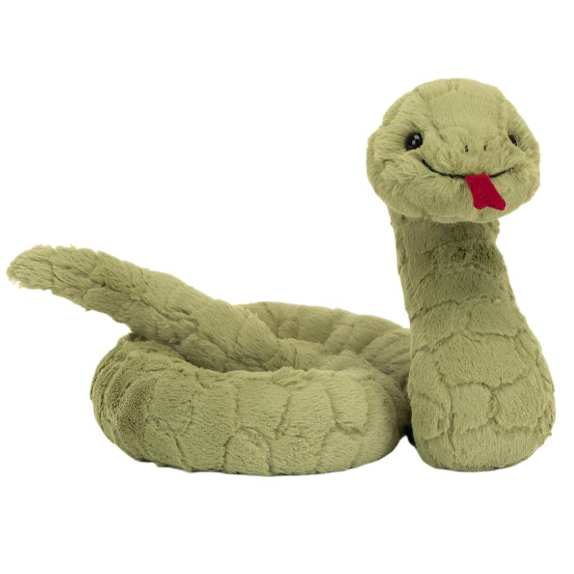 The Jellycat Stevie Snake by Jellycat is a soft, plush green snake toy with a coiled body, smiling face, and red tongue, perfect for cuddles.