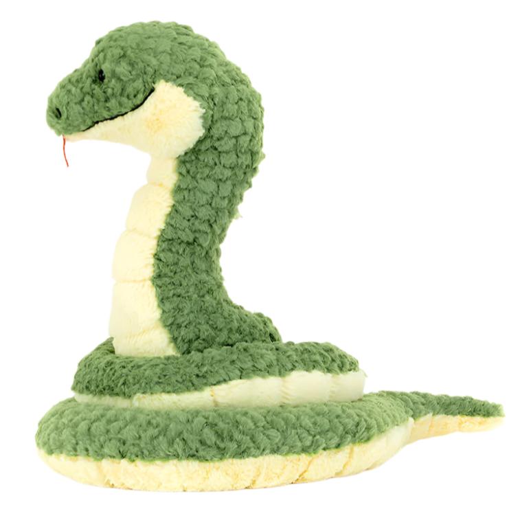 Celebrate the festive season with the Jellycat Cizi Snake, a charming plush toy by Jellycat. This delightful creation boasts vibrant green scales and a light yellow underside, sitting upright to showcase its intricately coiled tail.