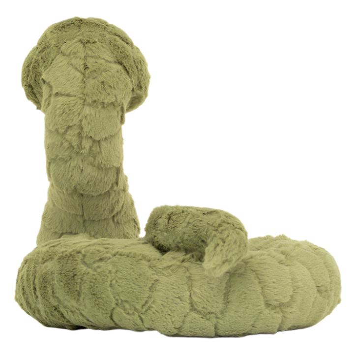 The Jellycat Stevie Snake by Jellycat is a plush, squishy-soft green snake toy featuring elegantly coiled scales and a raised head.