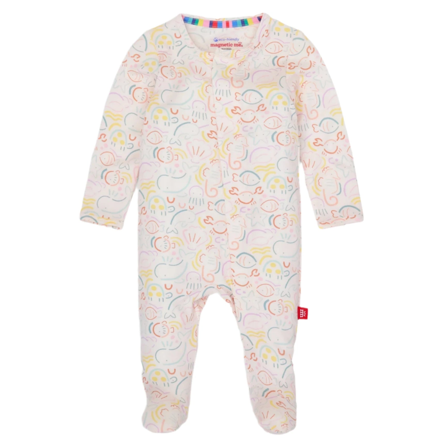 The Magnetic Me Baby Modal Footie is a long-sleeve, footed onesie made from eco-friendly TENCEL™ modal, featuring a pastel abstract face print, front snap buttons, and natural temperature regulation.