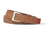 Braided brown W. Kleinberg Men's Solid Stretch Belt with Croc Tabs with a brushed nickel buckle on a white background.