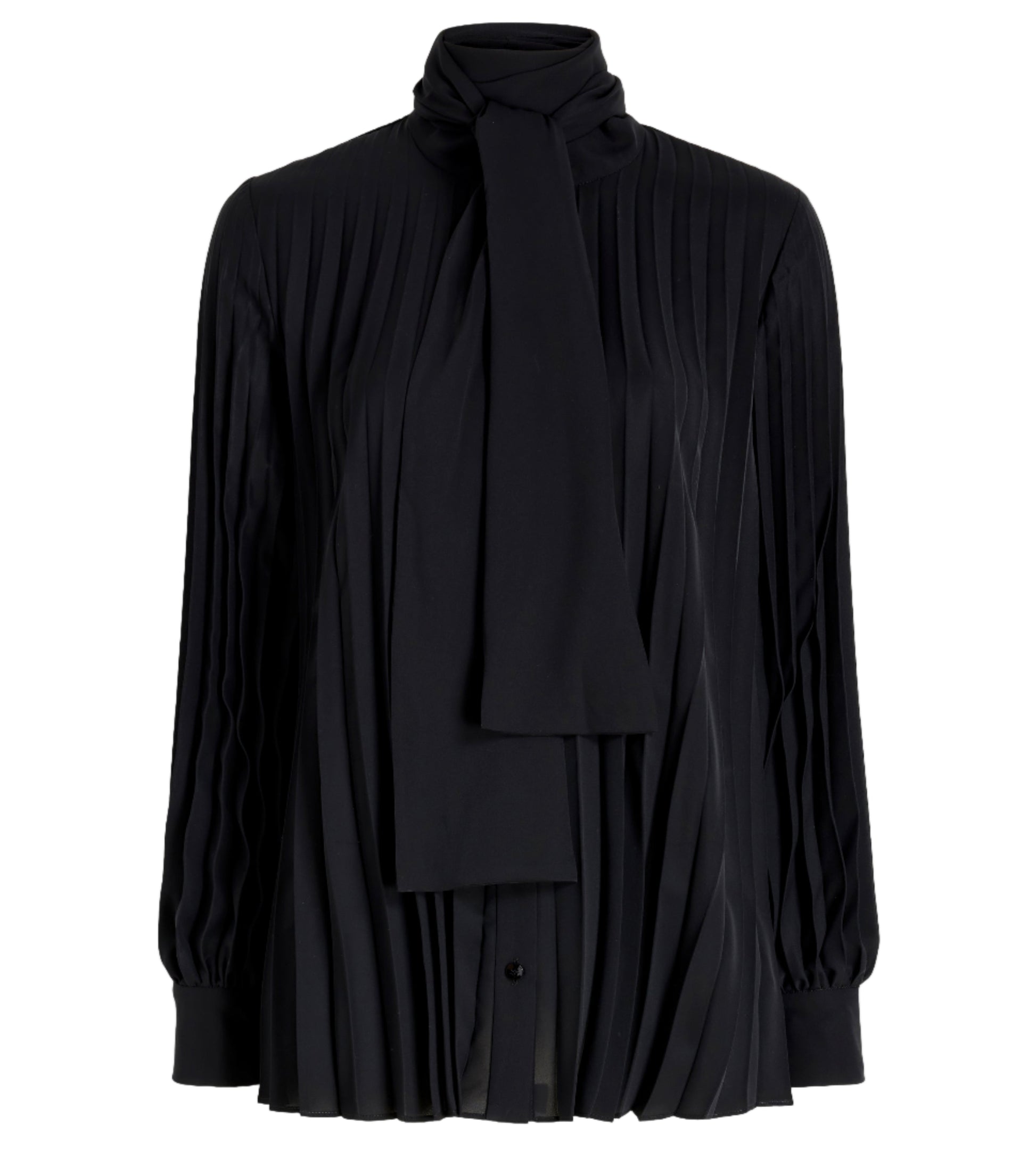 The Proenza Schouler Soomin Technical Crepe Top is a black, long-sleeve blouse with accordion pleats and a high neck with an attached tie detail at the collar.
