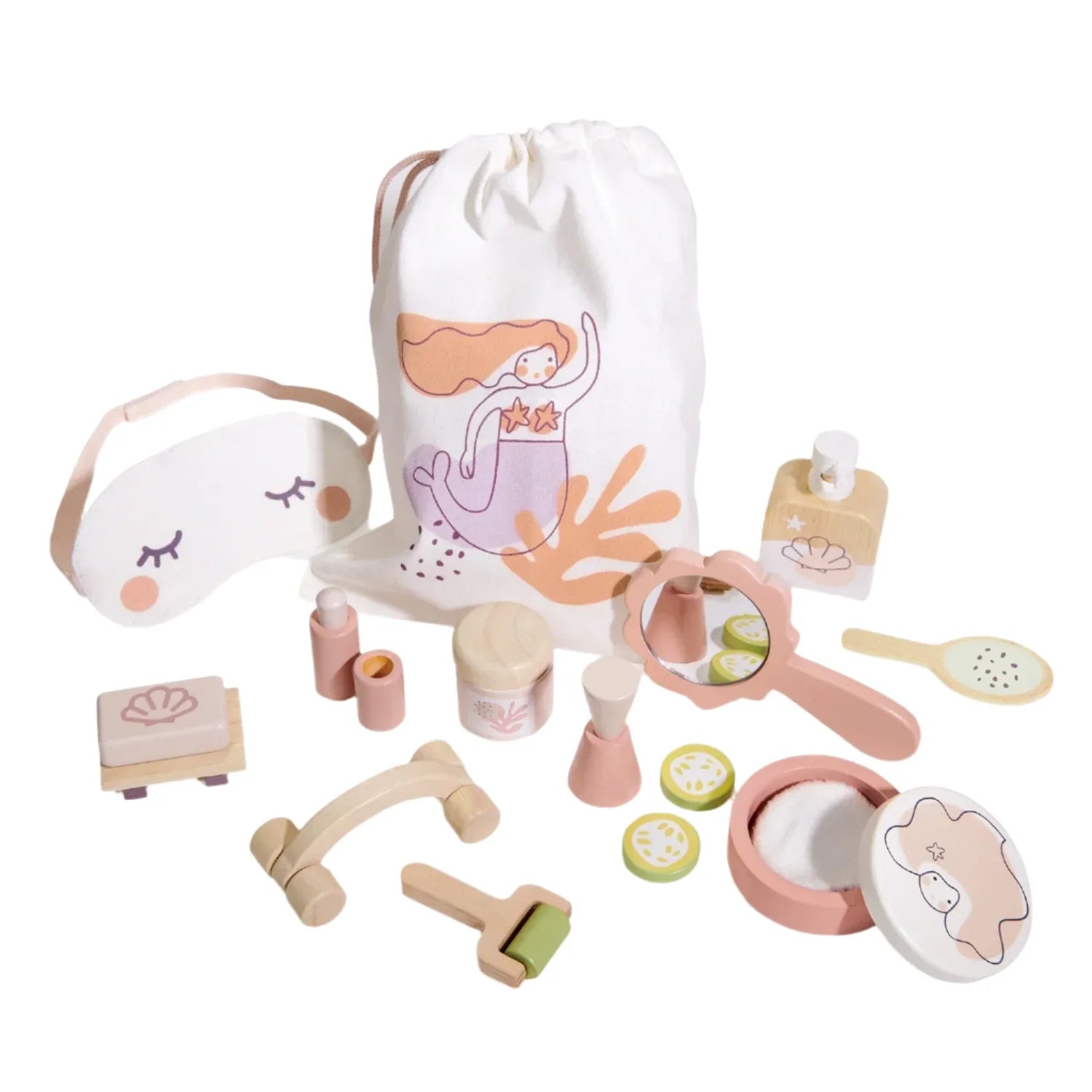 The Tender Leaf Spa Retreat Set by Tender Leaf Toys offers a delightful collection of toy spa accessories adorned with a charming mermaid illustration. This set includes a bag, sleep mask, mirror, roller, and bottles—all in calming pastel colors for the ultimate spa experience.