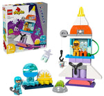 The LEGO® DUPLO® 3in1 Space Shuttle Adventure set includes a preschool rocket toy, two astronaut and alien figures, fun accessories, and elements to build a space shuttle. Perfect for ages 3+, with product box featured in the background.