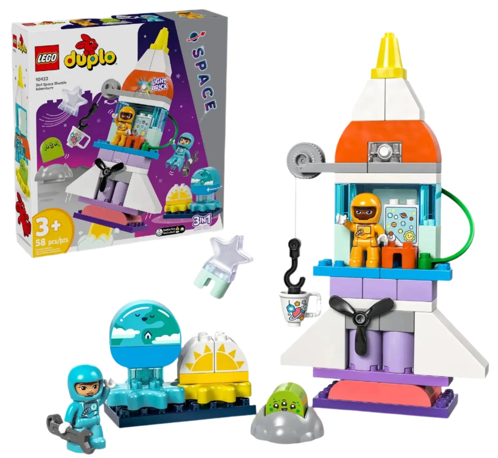The LEGO® DUPLO® 3in1 Space Shuttle Adventure set includes a preschool rocket toy, two astronaut and alien figures, fun accessories, and elements to build a space shuttle. Perfect for ages 3+, with product box featured in the background.
