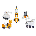 Introducing the Tender Leaf Space Voyager Set by Tender Leaf Toys: a set of five solid wood space vehicles, including a rocket, rover, satellite truck, lunar module, and space probe. Perfect for inter-galactic adventures, each toy is beautifully displayed on a white background.