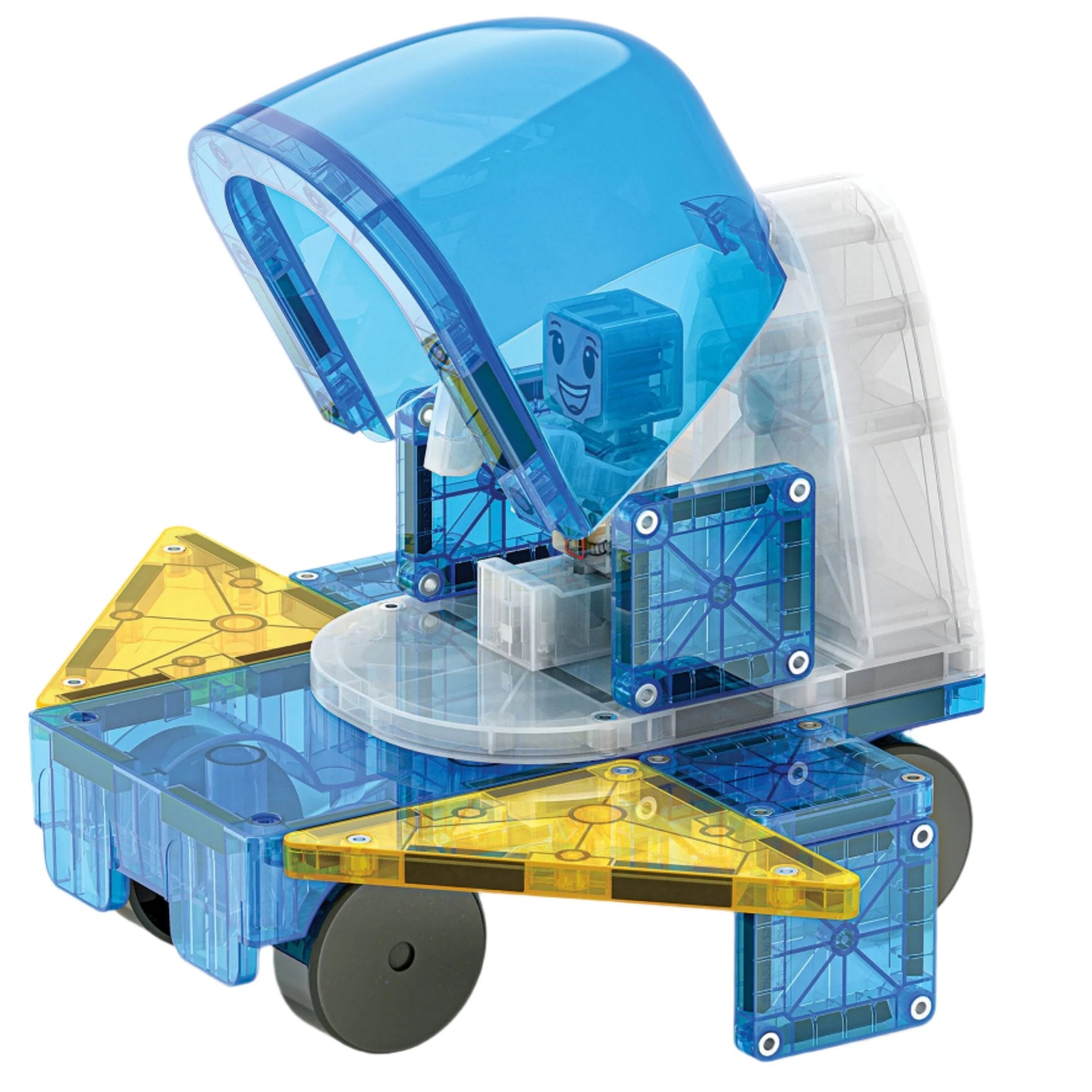 The Magnatiles Space 32-Piece Set features a small toy vehicle built from translucent blue, yellow, and clear pieces with wheels and a cockpit with a smiling figure—an ideal addition to any STEAM toy shelf or Magnatiles collection.
