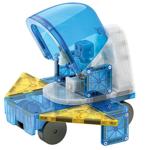 The Magnatiles Space 32-Piece Set features a small toy vehicle built from translucent blue, yellow, and clear pieces with wheels and a cockpit with a smiling figure—an ideal addition to any STEAM toy shelf or Magnatiles collection.
