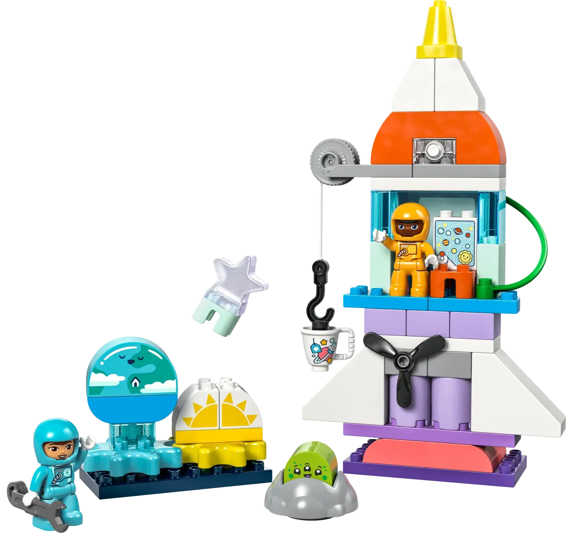 The LEGO® DUPLO® 3in1 Space Shuttle Adventure set features a preschool rocket toy, two spacesuit minifigures, accessories, and playful character pieces for creative space play.