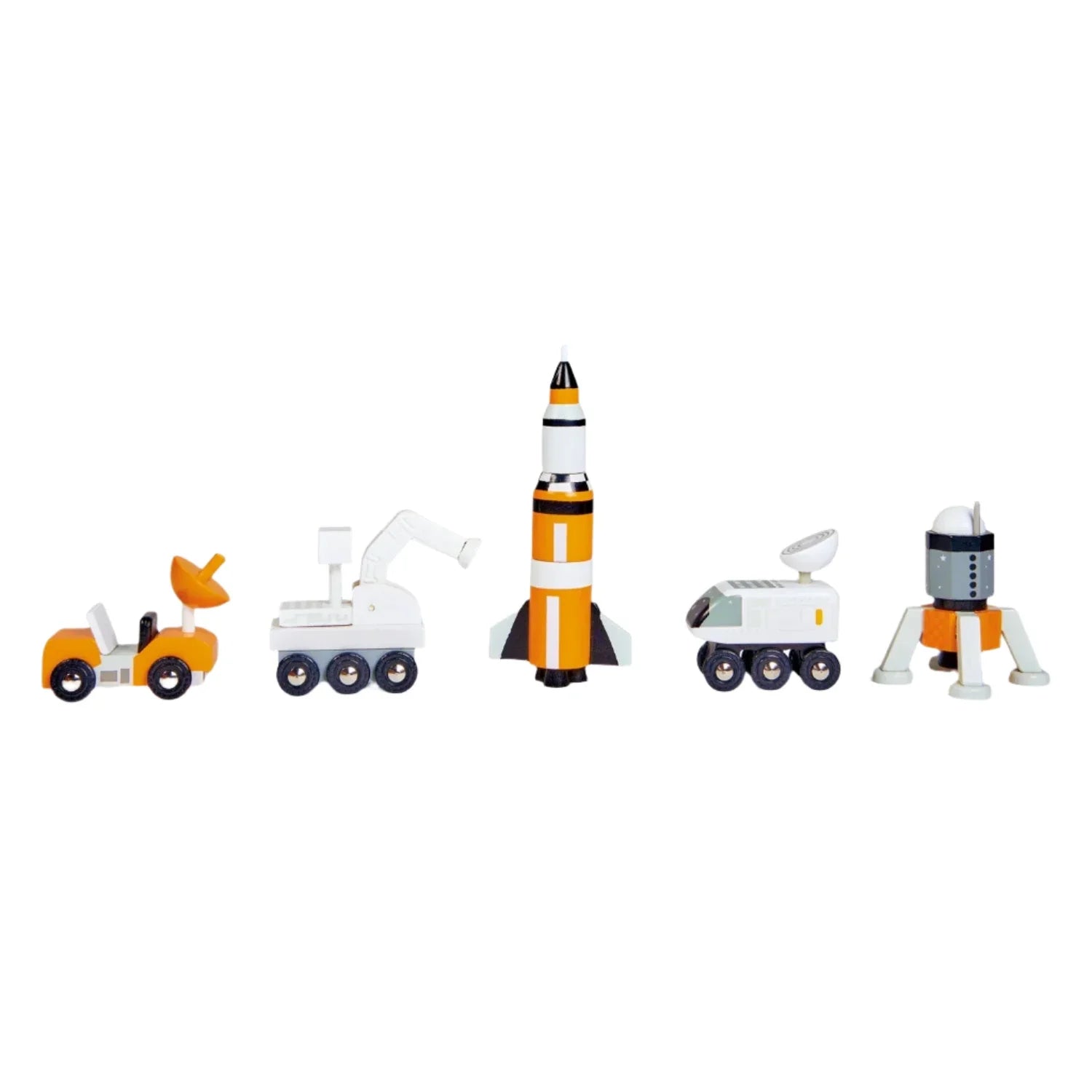 Introducing the Tender Leaf Space Voyager Set by Tender Leaf Toys, featuring a collection of solid wood space vehicles such as a satellite car, rover, rocket, and lander—perfect for inter-galactic adventures on any plain background.