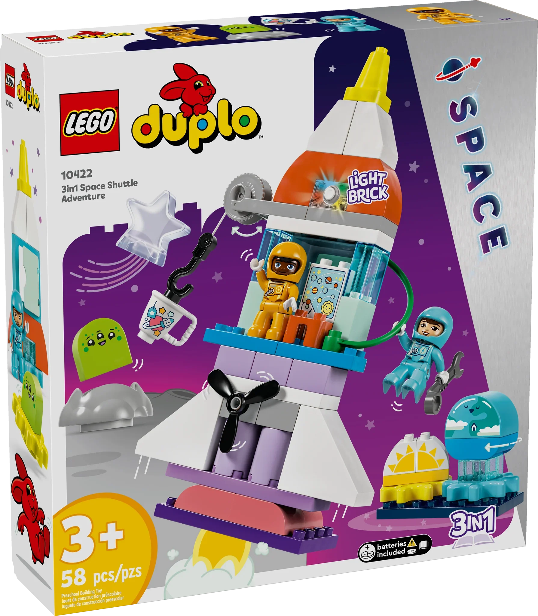 LEGO® DUPLO® 3in1 Space Shuttle Adventure includes a colorful spaceship, astronauts, alien figures, and 58 pieces—perfect preschool rocket toy fun for ages 3+.