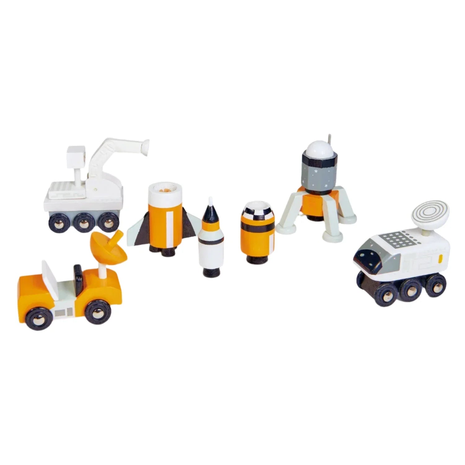 Explore the universe with the Tender Leaf Space Voyager Set by Tender Leaf Toys. This collection of solid wood, space-themed toys includes rovers, rockets, and a satellite dish, all elegantly painted in white, gray, and orange for the perfect space vehicle set.