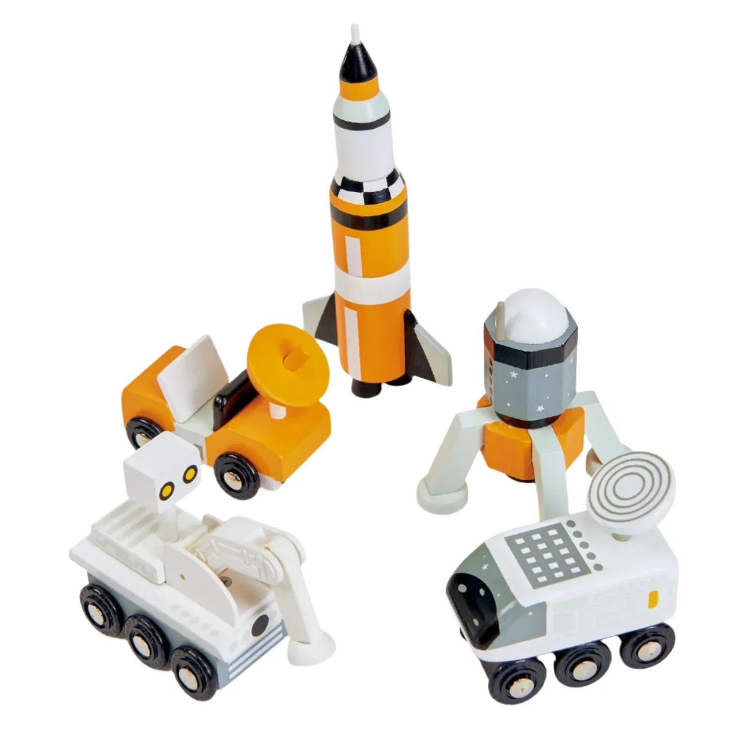 Set off on inter-galactic adventures with the Tender Leaf Space Voyager Set from Tender Leaf Toys, featuring a solid wood rocket, rover, satellite, and lunar module against a pristine white background.