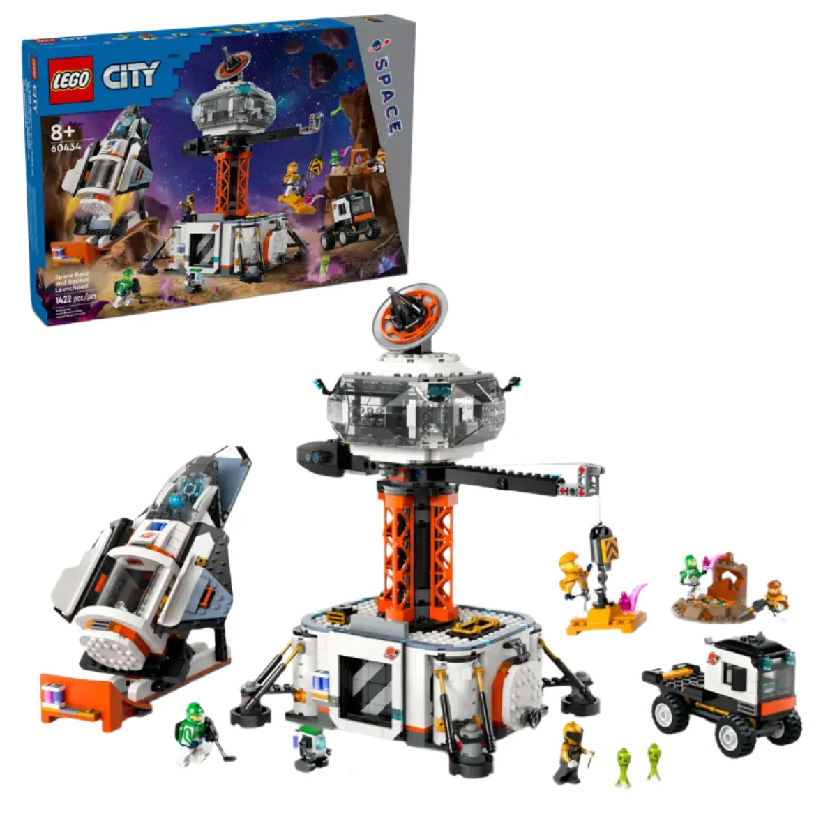 The LEGO® City Space Base and Rocket Launchpad set from Legos - Toyhouse includes a rocket, launch control tower, rover, astronaut figurines, and alien figures. The packaging box for the Rocket Launchpad Set is displayed in the background.