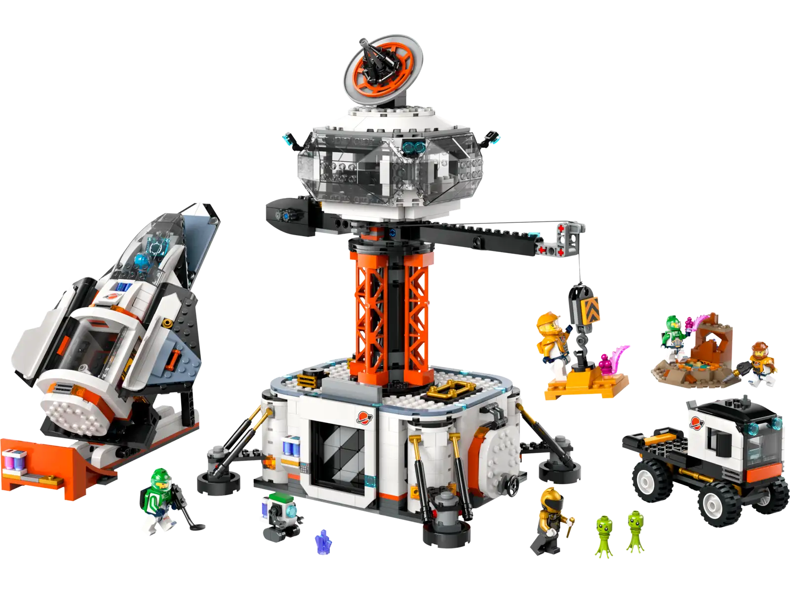 Introducing the LEGO® City Space Base and Rocket Launchpad from Legos - Toyhouse, featuring a rotating platform, an attached crane, a rocket, a rover vehicle, multiple astronaut mini-figures, and various alien figures set against a black background.