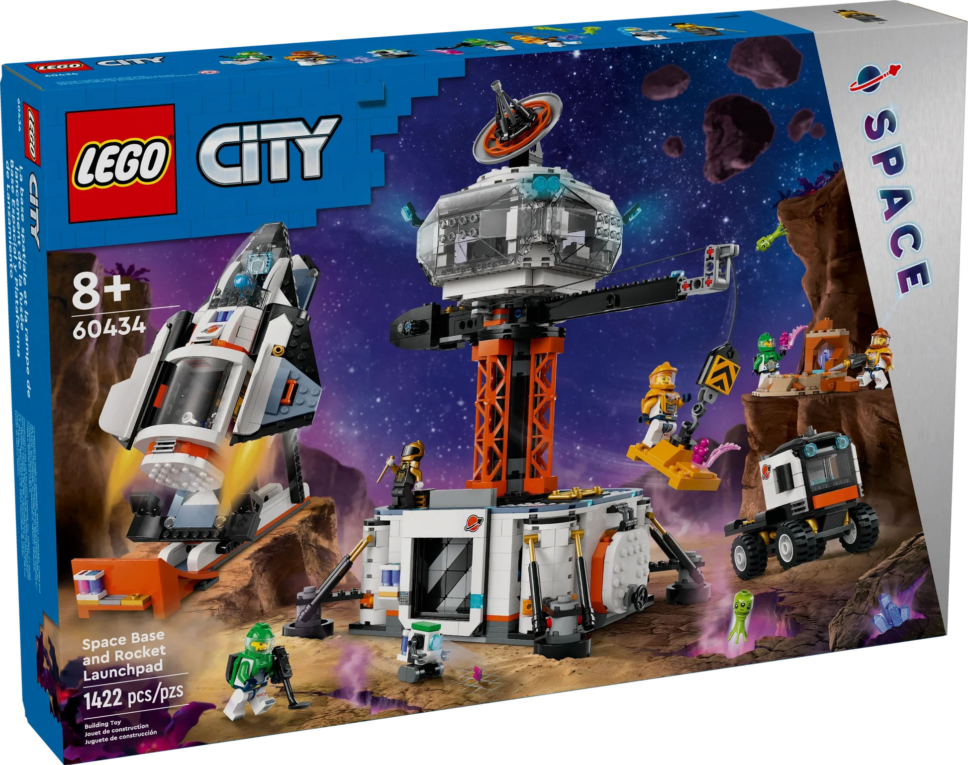 The LEGO® City Space Base and Rocket Launchpad Set 60434 for ages 8+ from Legos - Toyhouse features a detailed space base with a rocket, launchpad, vehicle, and minifigures. The set contains 1,422 pieces.