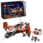 Introducing the LEGO® Heavy Cargo Spaceship by Legos - Toyhouse: a detailed Technic set featuring a vibrant orange and white VTOL spaceship, complete with remote control and a mini space rover. The box in the background highlights captivating space imagery and provides details about the set.