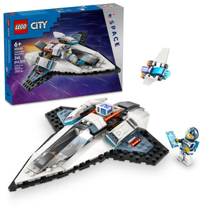 The LEGO® City Interstellar Spaceship set includes a spaceship, minifigure in spacesuit with blue tile, drone bot, and box showing the completed model.