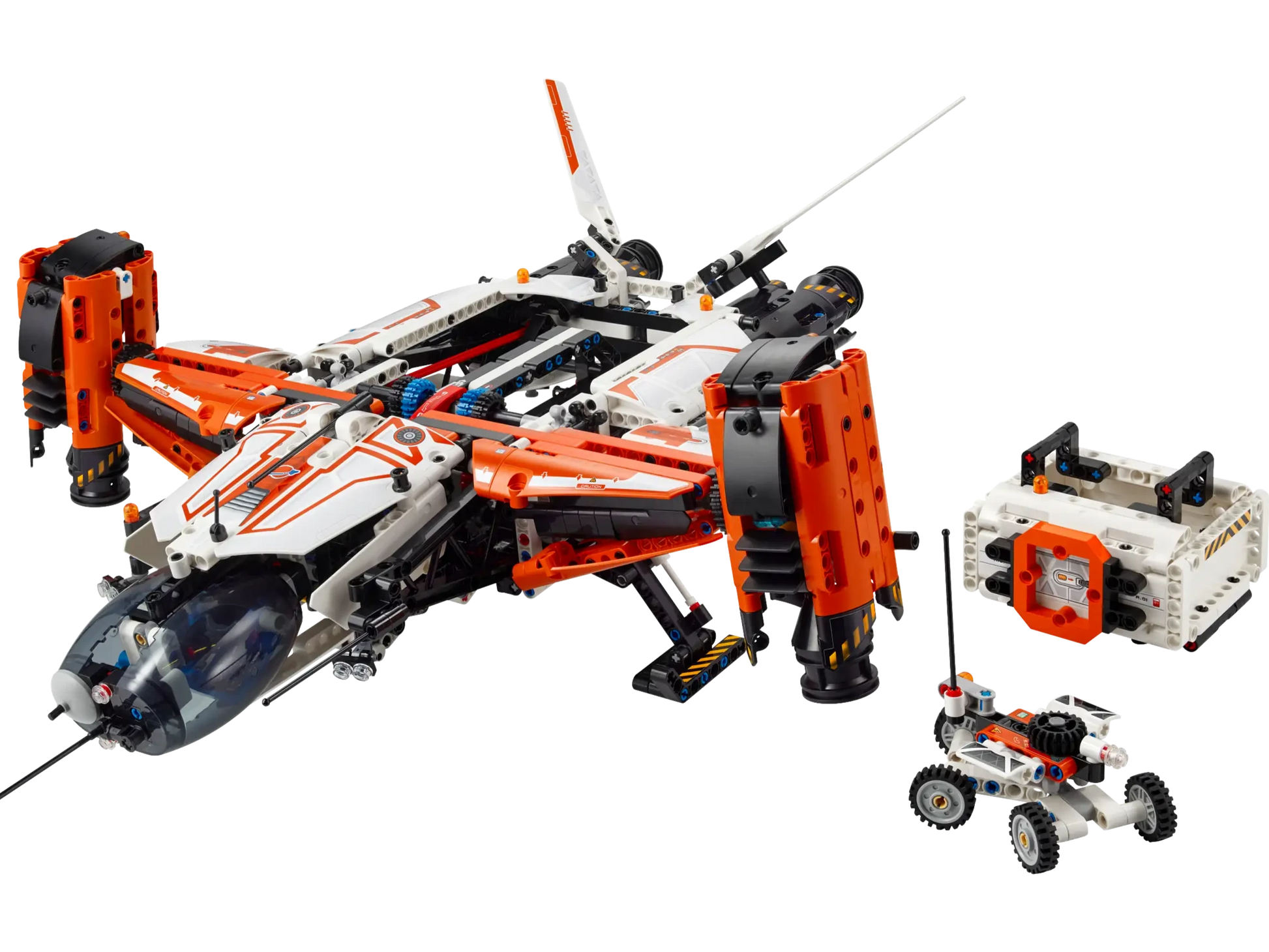 The LEGO® Heavy Cargo Spaceship from Legos - Toyhouse is a detailed set featuring large orange and white components, including a mini space rover with a small wheeled vehicle and control box. Perfect for space exploration enthusiasts, this collection combines intricate design with functionality.