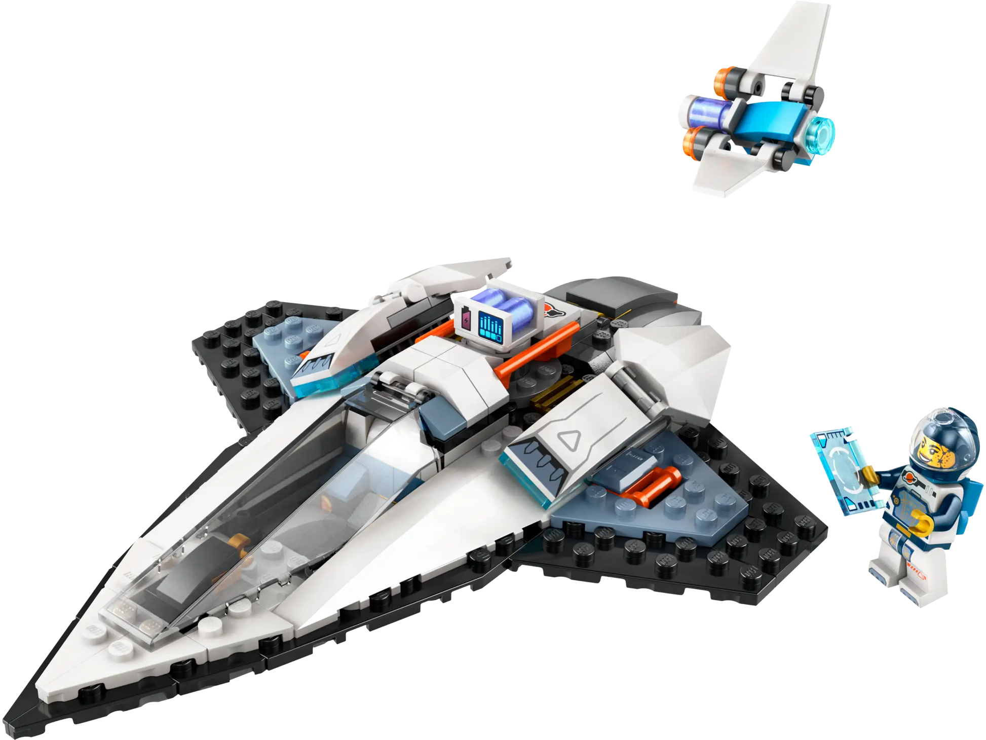 The LEGO® City Interstellar Spaceship set by LEGO® includes a spaceship, a drone bot, a minifigure astronaut with a blue tablet, and all pieces shown on a white background.