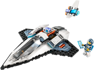 The LEGO® City Interstellar Spaceship set by LEGO® includes a spaceship, a drone bot, a minifigure astronaut with a blue tablet, and all pieces shown on a white background.
