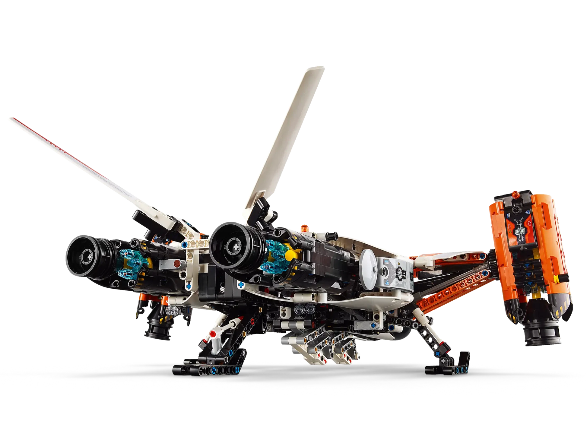 A stunning creation from Legos - Toyhouse, the LEGO® Heavy Cargo Spaceship features vivid orange details and complex propellers, captured from a low angle for an impressive perspective.