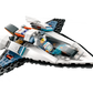 The LEGO® City Interstellar Spaceship by LEGO® features black, white, and blue bricks, a cockpit with a minifigure inside, and angular wings.